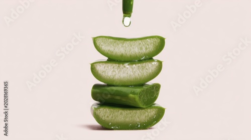 Fresh aloe vera slices with dripping gel against soft pink background