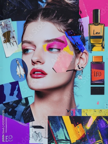 Vibrant art collage featuring a woman with colorful makeup and Leo perfume bottles Zodiac signs in fashion collage style