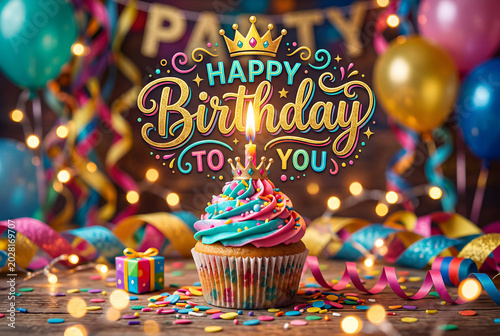 Happy birthday cupcake with crown, party decorations, streamers, balloons, and confetti, celebration for special day