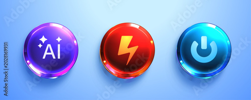 Three glowing futuristic 3D buttons with AI, power, and lightning icons