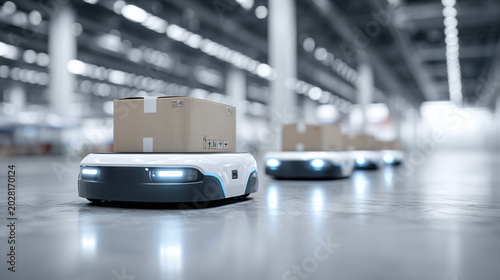 Futuristic Warehouse Logistics Concept Autonomous Delivery Robots Moving Packages Through Sleek Distribution Center Glowing Navigation Lights

