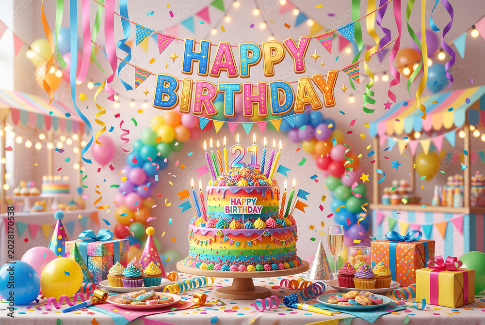 Fototapeta premium Happy 21st birthday party with rainbow cake cupcakes balloons and festive decorations
