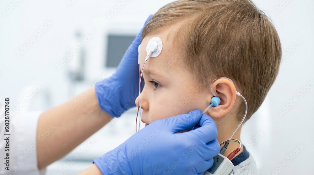 Fototapeta premium Child receiving audiological examination with electrodes in medical clinic