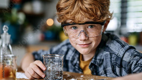 Freckled boy with safety goggles peers into a bubbling beaker on a kitchen table cluttered with baking soda and vinegar, homeschool science experiment mid-reaction, afternoon sunlight through blinds
