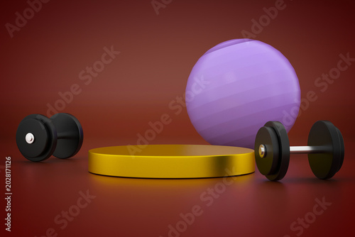 Bild auf Leinwand Dumbbell 3d rendering of stage podium stand on dark background exercise equipmen