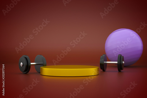 Obraz na płótnie Dumbbell 3d rendering of stage podium stand on dark background exercise equipmen