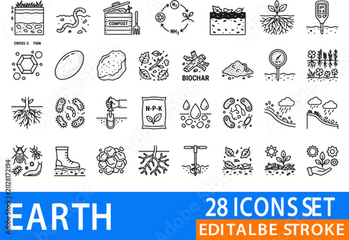 Earth icons provide a visual collection of ecological symbols representing soil health and nature.