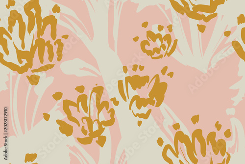 Seamless vector pattern featuring a vintage block print design. This boho cottagecore textile fabric blends geometric motifs with abstract nature textures, pink musta garden blooms, autumn fall leaves