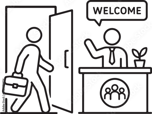 recruitment line icon with employee entering office welcome message and team symbol