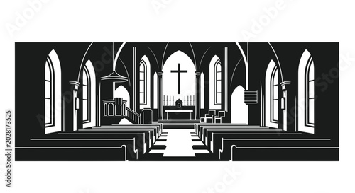 Bild auf Leinwand Gothic Church Interior Black and White Illustration - Altar, Pews, and Cross