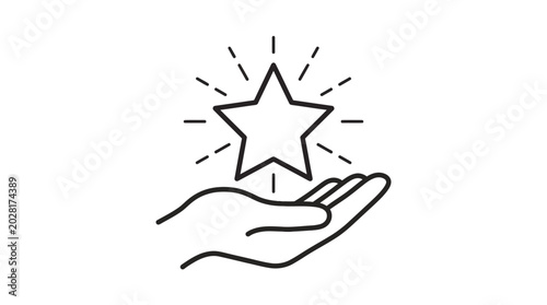 Hand holding shining star icon line art illustration achievement and success concept