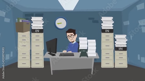 Stressed Employee Sitting at Office Desk Surrounded by Towering Overwhelming Stacks of Paper Document Animation