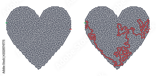 Foto Heart-shaped expert maze with solved path and starting and finished points indic
