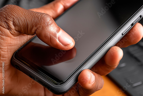Close up of hand holding smartphone with blank screen mockup