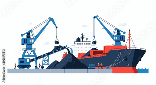 Cargo ship loading with cranes and conveyor belts in a harbor