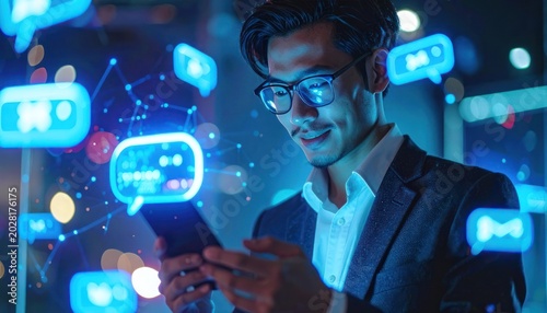 Digital luminescence and human connection in a vibrant urban setting.