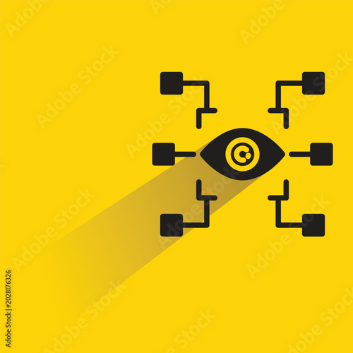 Foto eye and linking network icon with shadow on yellow background