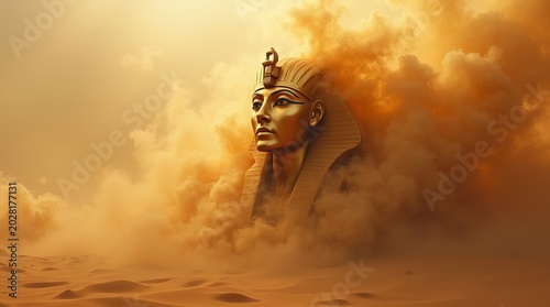 Golden Pharaoh Statue Emerging From A Powerful Sandstorm In The Desert.