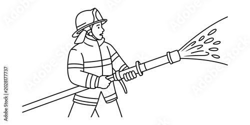 Tableau sur toile Brave firefighter in uniform holding a fire hose spraying water to extinguish a