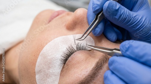 Close up of professional eyelash extension procedure being performed by beauty specialist using tweezers on woman eye in salon