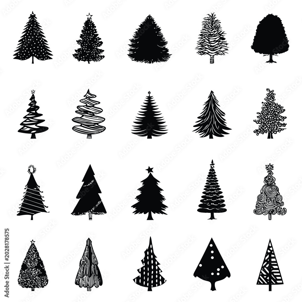 Fototapeta premium Stylized Pine Tree Icons Collection – Black Nature Vector Silhouettes