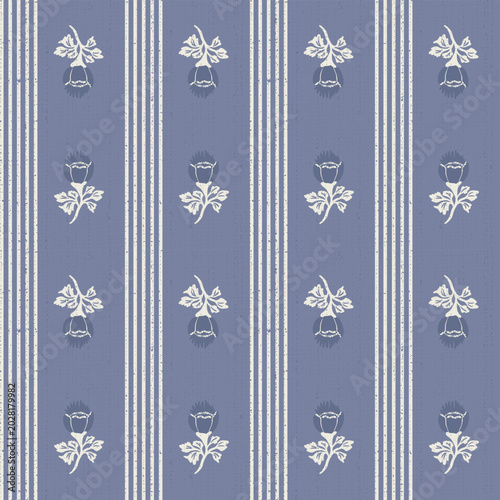Vintage flower block botanical background. Feminine nature cottagecore seamless pattern. Nature motif coquette design in denim blue, minimalist rustic garden 