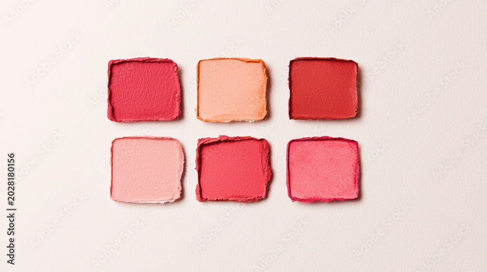 Fototapeta premium Six square swatches of various shades of red and pink makeup powder are arranged in two rows on a pale surface.