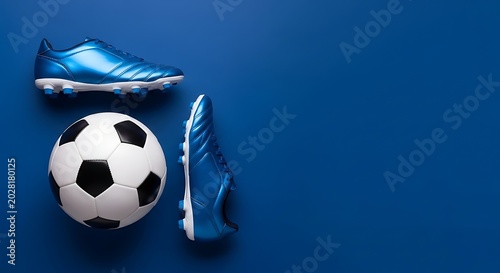 Professional soccer boots and ball on blue background for sports marketing