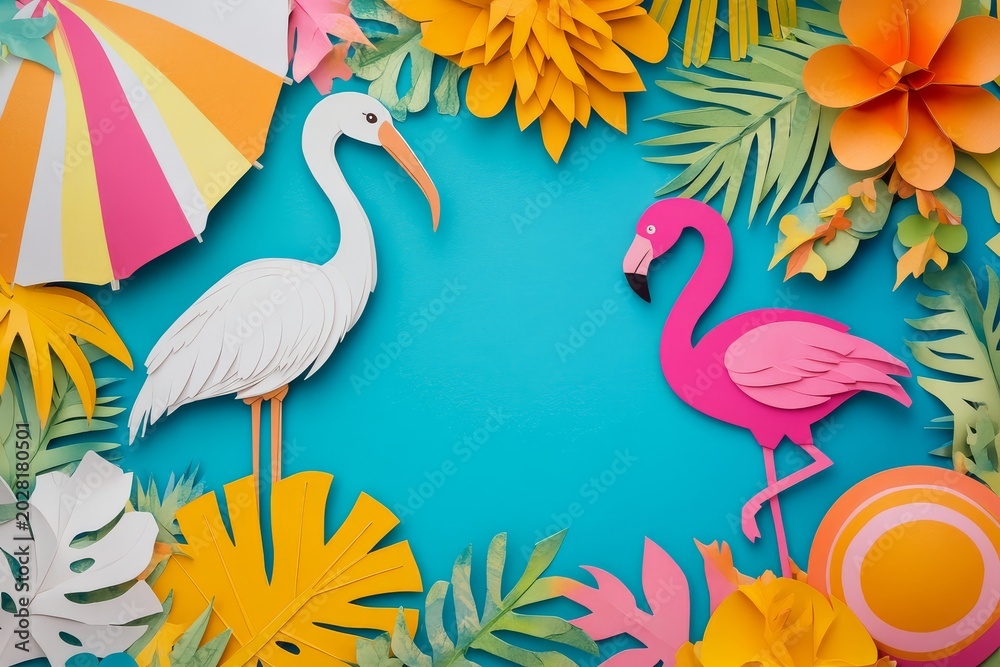 Fototapeta premium Vibrant paper craft tropical scene featuring flamingo and heron surrounded by colorful exotic leaves and summer beach elements on a bright blue background design