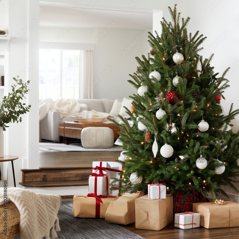 Obraz premium Christmas Tree Stands in Living Room With Gifts and Decorations Near a Cozy Chair by the Window