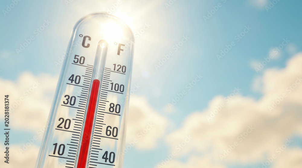 Fototapeta premium Thermometer temperature high weather summer heatwave Glass thermometer shows high temperature weather sunny sky bright. Etreme global warming. sun hot warm heat stroke, red degree scale measure