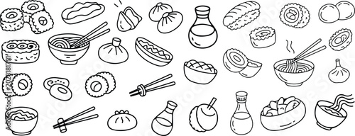 Bild auf Leinwand Minimalist black and white line art vector illustrations of sushi ramen and dim sum