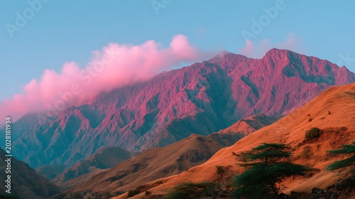 Majestic mountain range bathed in colorful sunset light with peaceful landscape.