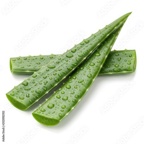 Fresh green aloe vera leaves with water droplets isolated on white background for skincare and natural cosmetic ingredient marketing materials