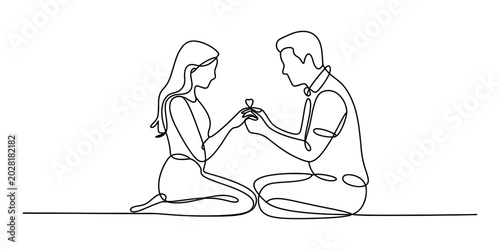 Tableau sur toile Continuous single line drawing of a man proposing marriage to a woman with a rin