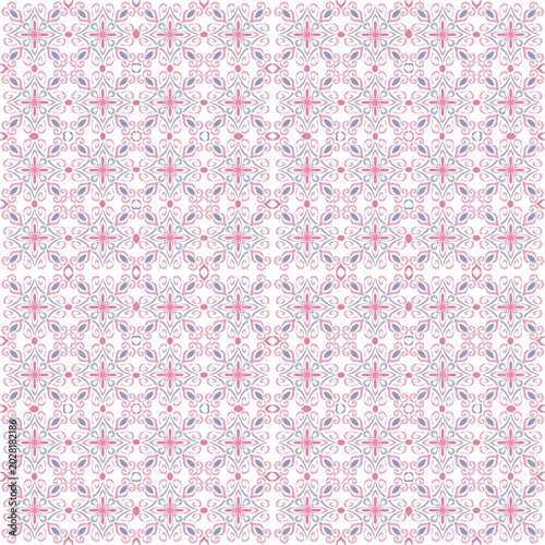 Soft Pink Ikat Seamless Floral Pattern Background with Elegant Boho Geometric Ornament
