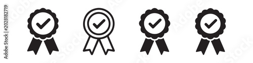 Set of quality badge icons with check mark and ribbon for guarantee and certification seal symbols.