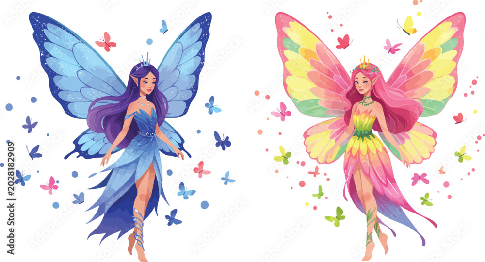 Obraz premium Two colorful fairy illustrations with butterfly wings and flowers
