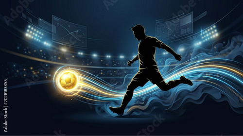 Soccer player kicking ball, stadium lights, dynamic motion, sports action, football illustration