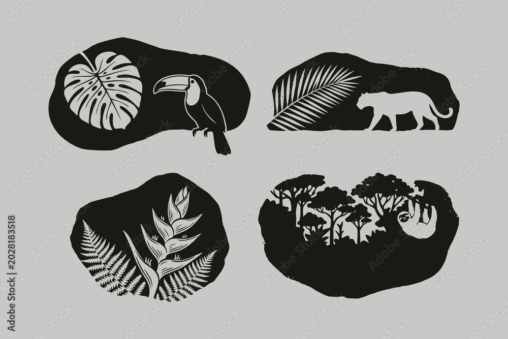Fototapeta premium Tropical Jungle Silhouette Illustration Set