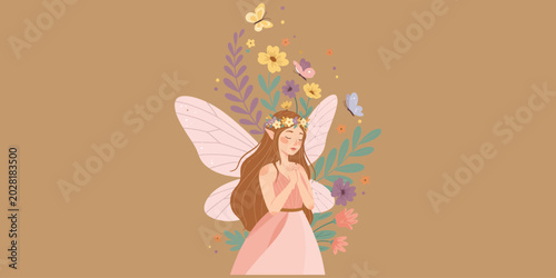 Whimsical fairy with long red hair and flower crown standing in front of colorful blooms on beige background