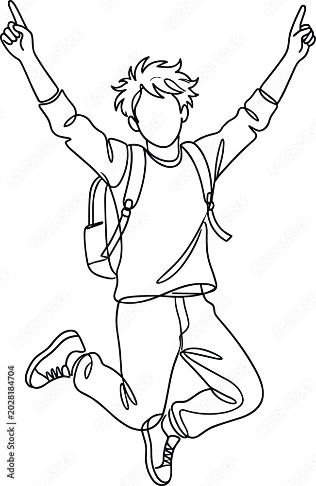 Fototapeta premium Minimalist continuous line drawing of a happy student jumping with a backpack.