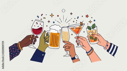 Celebration drinks cheers hands flat 2d vector isolated background