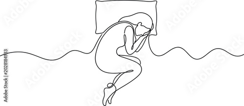 Obraz na płótnie Continuous line drawing of a woman sleeping in fetal position on a pillow