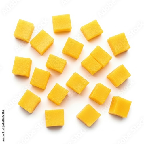 Fresh diced yellow mango fruit cubes arranged in scattered pattern isolated on clean white background for healthy food design and tropical fruit concepts