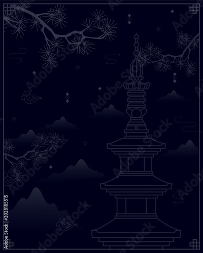 traditional stone pagoda and pine tree