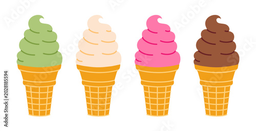 Photography Ice cream dessert set with raspberry, pistachio, chocolate and vanilla flavors in waffle cone cups