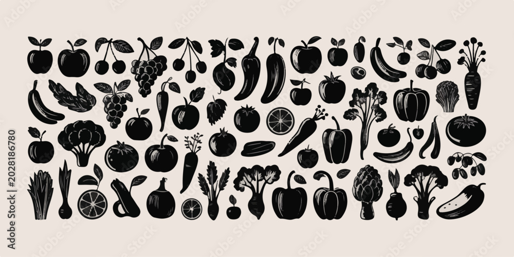 Fototapeta premium Whimsical black and white silhouette illustration of various fruits and vegetables on a light background for healthy eating.