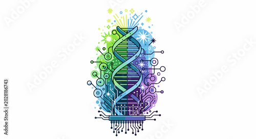 A vibrant, abstract illustration merges DNA helix with circuit board elements, glowing with color