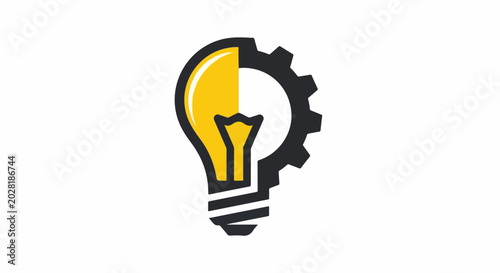 A stylized lightbulb merges with a gear, symbolizing innovation and industry